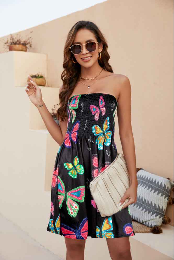 Beach Dress Floral Medium and Long Dress Bohemian Strapless Printed Chest Wrap Skirt