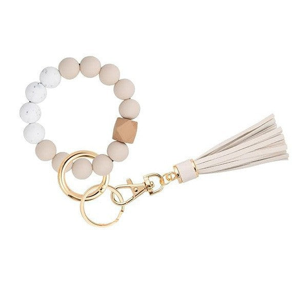 Llavero con borla de PU y cuentas de silicona para bolso, pulsera, llavero de coche, para mujeres y niñas 