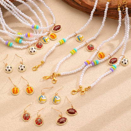 Sporty Soccer Football Rugby Pendant Pearl Beaded Necklace Bracelet Earrings Set