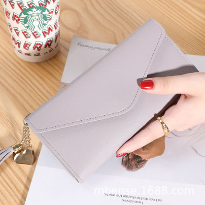 Cartera larga de mujer con flecos, tipo clutch plegable de tres pliegues; cartera sencilla de noche para mujer. 