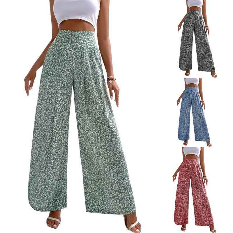 Shirred Waist Wide Leg Pants W Floral Pattern