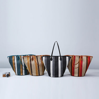 Trendy Canvas Shoulder Tote – Fashion Stripe Large Handbag, Casual Weekender Shopper