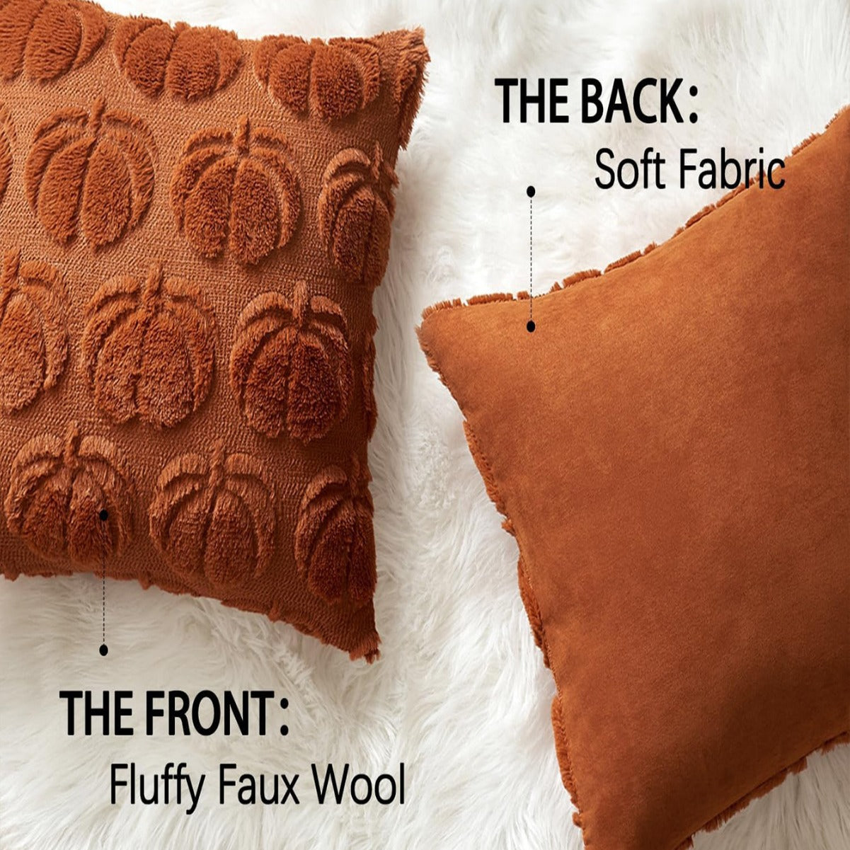 Pumpkin Fall Throw Pillow Covers - Set of 2 Rust Red Faux Fur Pillow Cases
