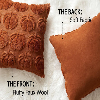 Pumpkin Fall Throw Pillow Covers - Set of 2 Rust Red Faux Fur Pillow Cases