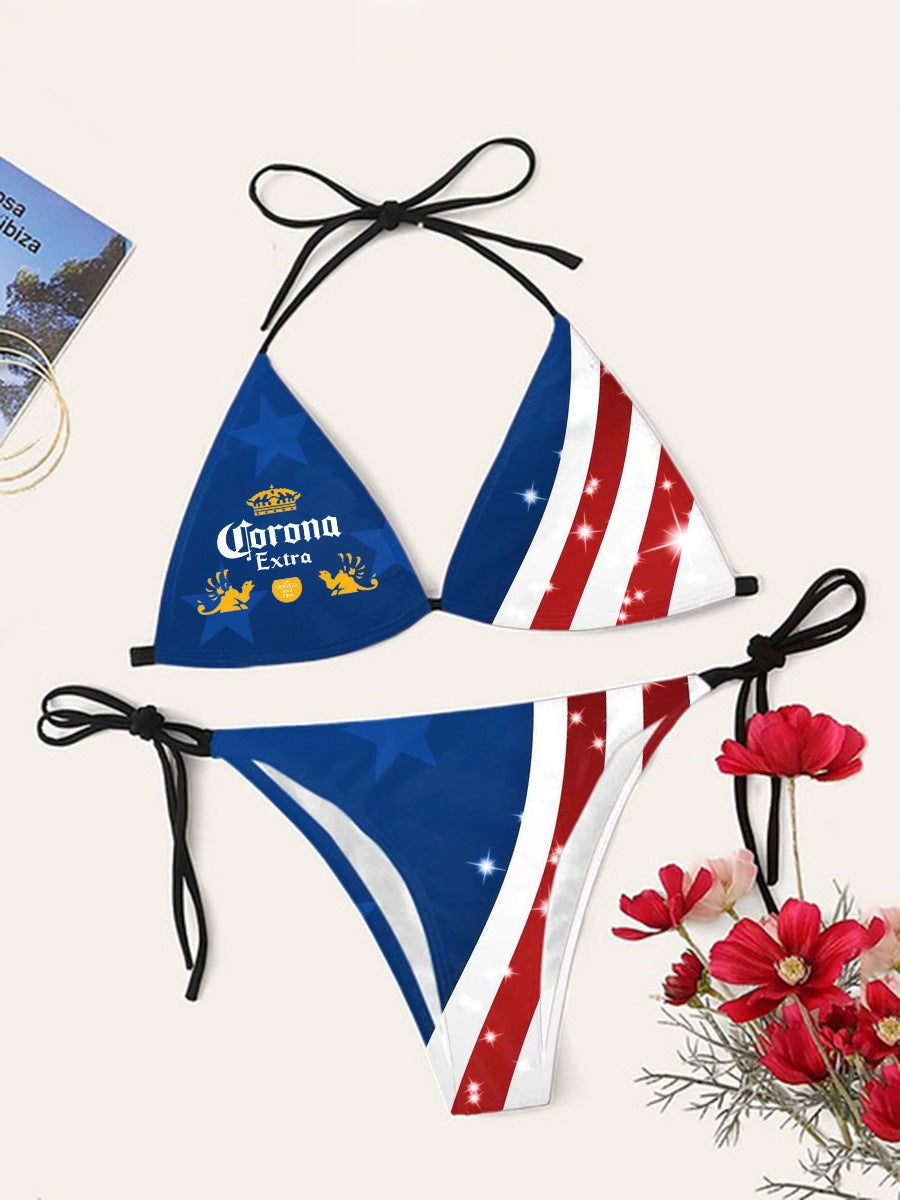 Digital Print Sexy Halter Bikini Set - Two-Piece Adjustable Swimwear for Women