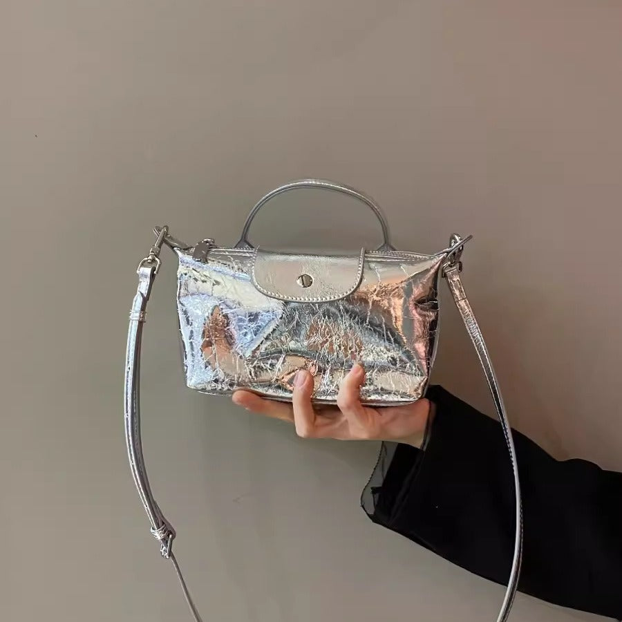 Spring and summer burst metallic mini tote bag, mini shoulder bag with crossbody strap, silver mini tote bag versatile women's bag