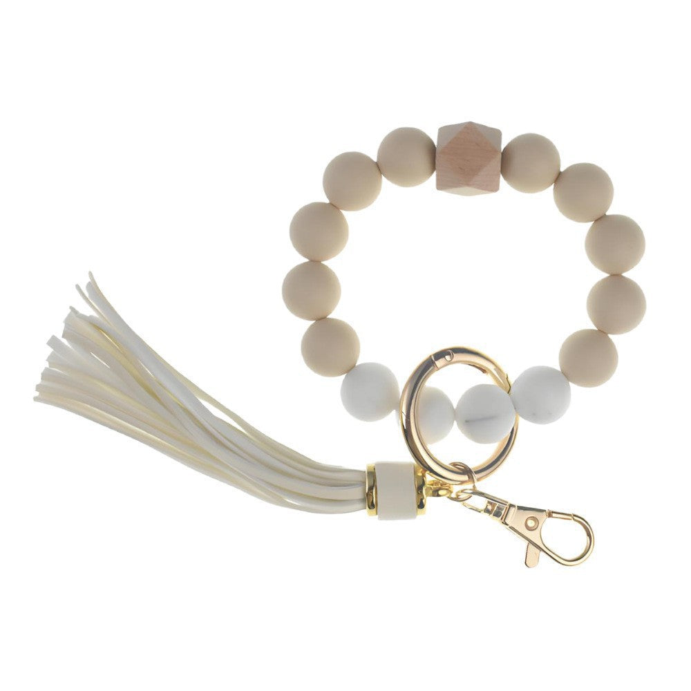 Llavero con borla de PU y cuentas de silicona para bolso, pulsera, llavero de coche, para mujeres y niñas 