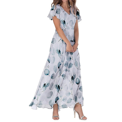 Summer Flared Maxi Dress V-Neck Short Sleeve Printed Chiffon Dress