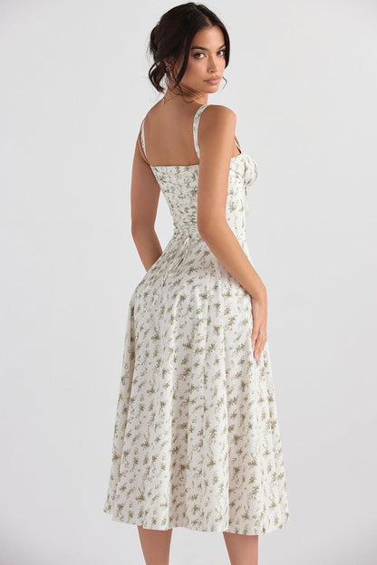 Sleeveless Strapless Bandage Corset Dress - Floral Print Long Midi Dress with Lace Up Back & Thigh Slit