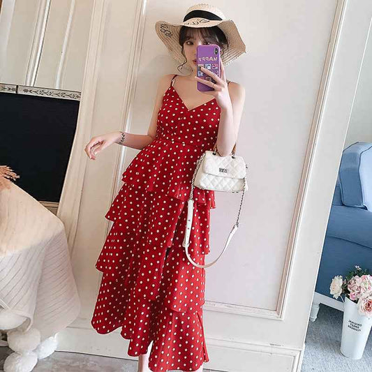 Plus Size Polka Dot Chiffon Sling Dress