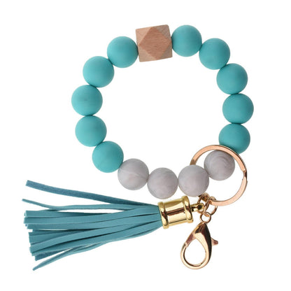 Llavero con borla de PU y cuentas de silicona para bolso, pulsera, llavero de coche, para mujeres y niñas 