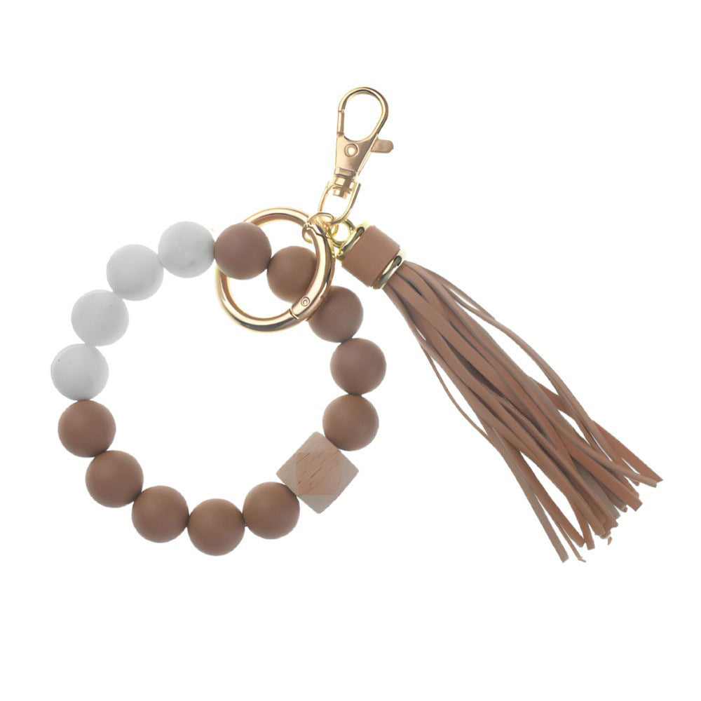 Llavero con borla de PU y cuentas de silicona para bolso, pulsera, llavero de coche, para mujeres y niñas 