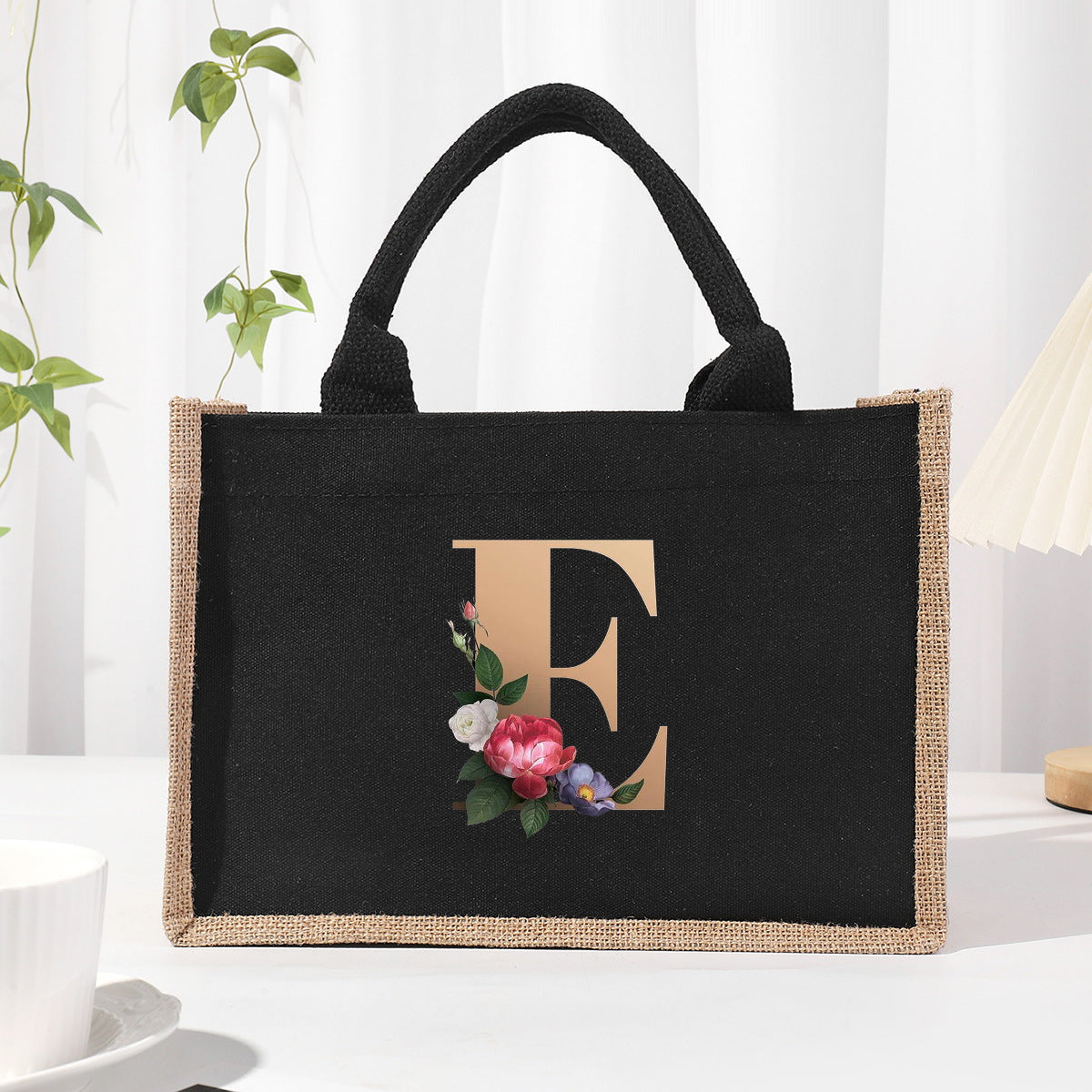Bolsa de tela de algodón y lino, bolsa de tela con letras estampadas, bolso ligero portátil, bolsa de regalo para compras 