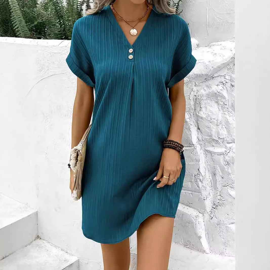 Solid Color Pullover Comfortable Casual Button Dress V-Neck Batwing Sleeve Dress