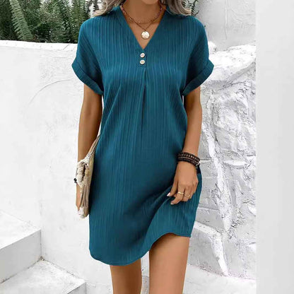 Solid Color Pullover Comfortable Casual Button Dress V-Neck Batwing Sleeve Dress