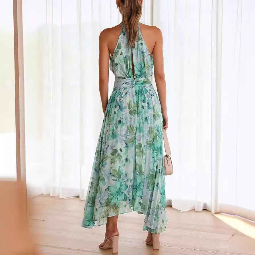 Neck Sleeveless V-Neck Printed Pendulum Dress Backless Maxi Dress Women Sexy
