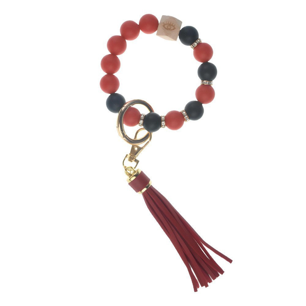 Llavero con borla de PU para bolso de mujer, llavero de silicona con cuentas, pulsera, llavero de coche, bonito soporte para mujeres y niñas. 