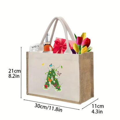 Bolsa de tela de algodón y lino, bolsa de tela con letras estampadas, bolso ligero portátil, bolsa de regalo para compras 