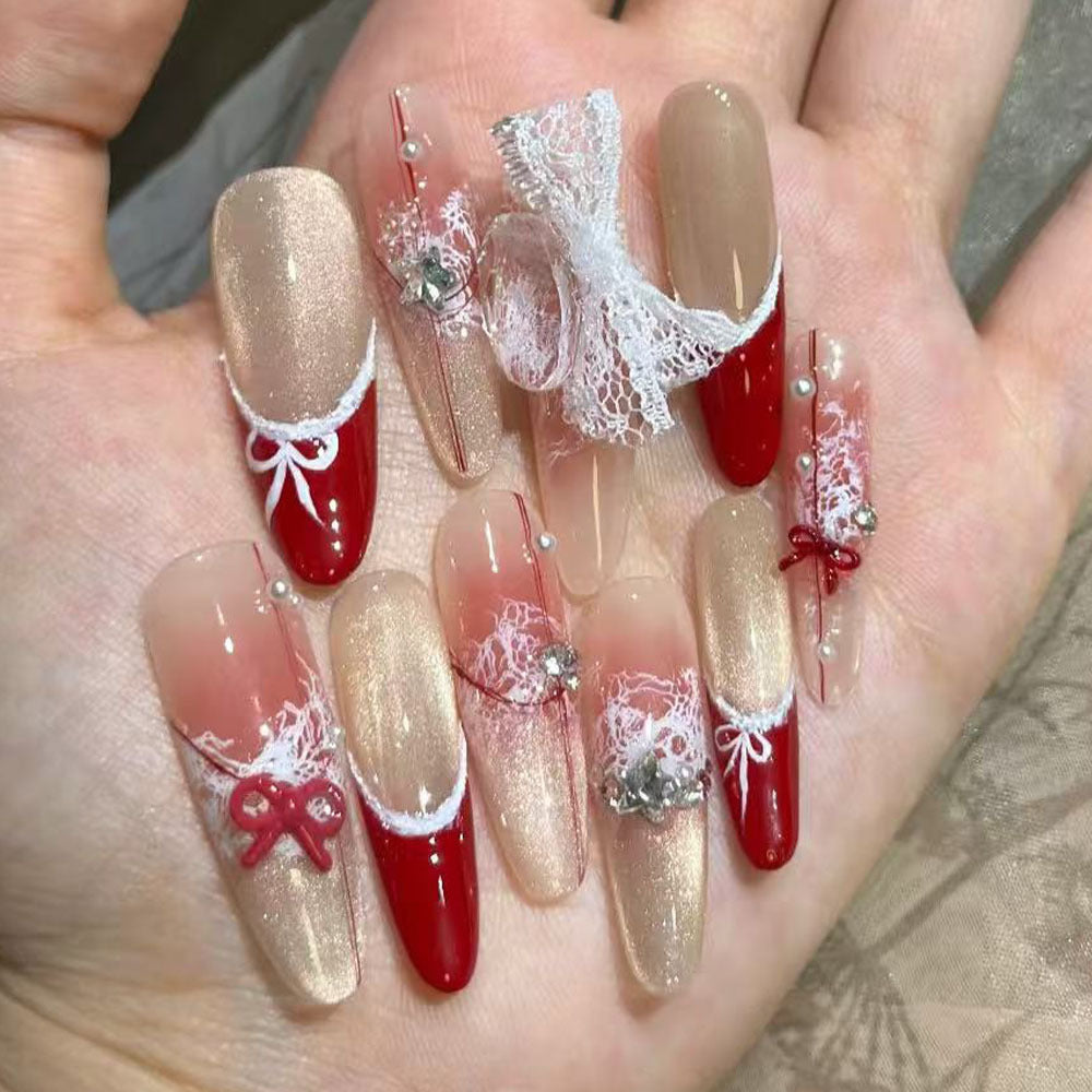 Puntas francesas navideñas, otoño e invierno, blancas, hechas a mano, para usar uñas, manicura de ojo de gato, para usar uñas, puro deseo, sentido avanzado, parche de uñas postizas