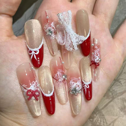 Puntas francesas navideñas, otoño e invierno, blancas, hechas a mano, para usar uñas, manicura de ojo de gato, para usar uñas, puro deseo, sentido avanzado, parche de uñas postizas