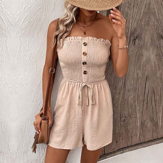 Summer Casual Vacation Solid Color Jumpsuit Design Sense Elastic Tube Top Jumpsuit Shorts Belted Wide Leg Jumpsuit With Button