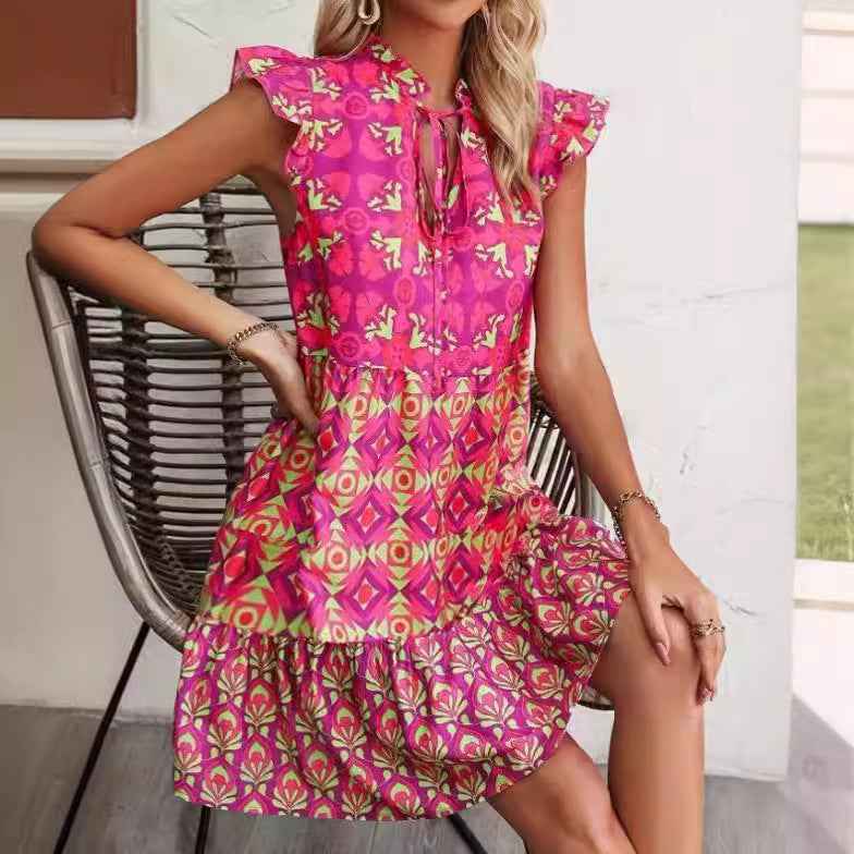 V-Neck Strap Flower Dress Cap Sleeve Printed Vacation Dress