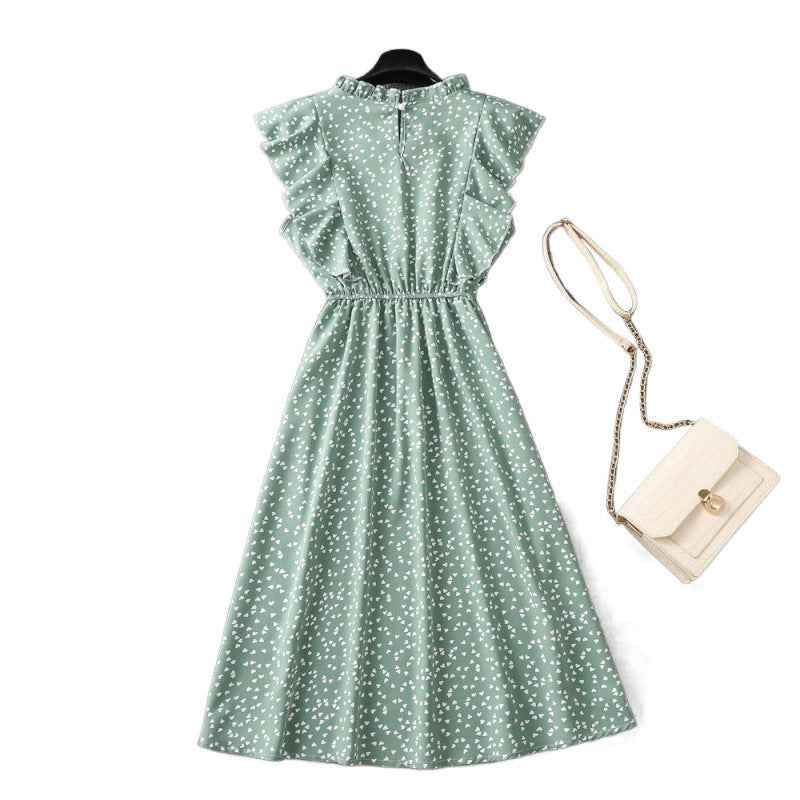 Polka Dot Chiffon Skirt Loose Versatile Temperament Medium Skirt Dot Print Butterfly Sleeve Ruffles dress