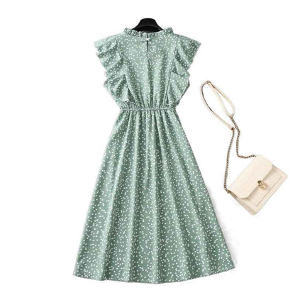 Polka Dot Chiffon Skirt Loose Versatile Temperament Medium Skirt Dot Print Butterfly Sleeve Ruffles dress