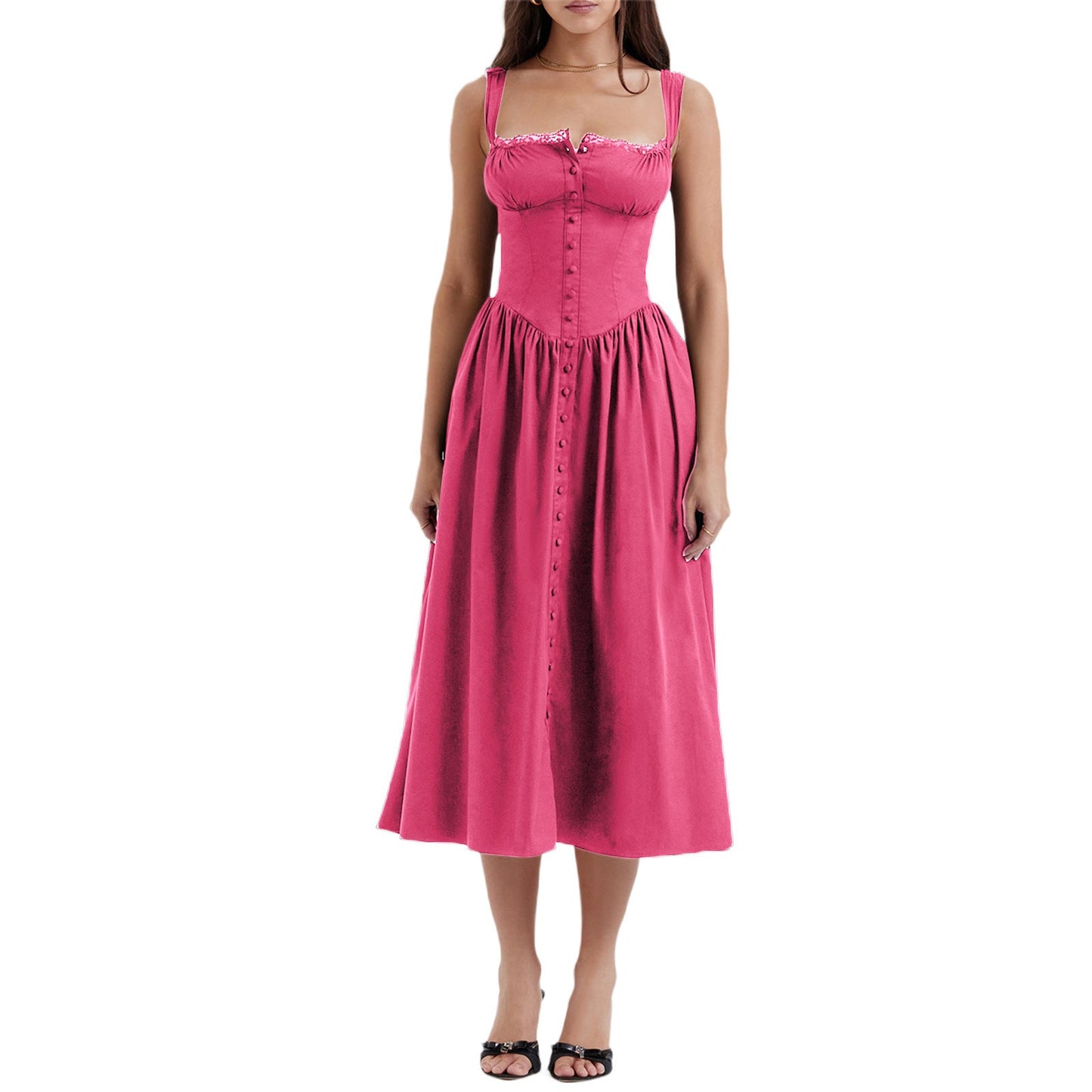 Floral Midi Corset Dress with Square Neck - Women's Smocked Lace-Up Sundress for Wedding Guest & Beach Holiday Parties -dropshippingabc.com