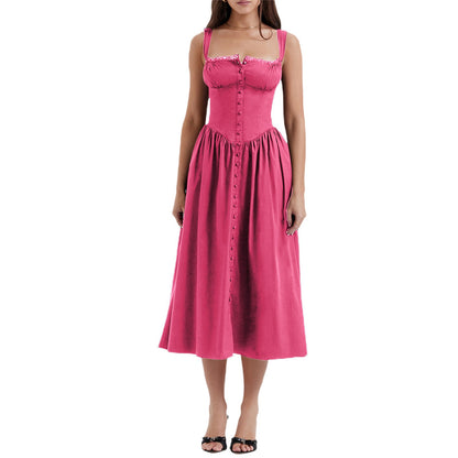 Floral Midi Corset Dress with Square Neck - Women's Smocked Lace-Up Sundress for Wedding Guest & Beach Holiday Parties -dropshippingabc.com