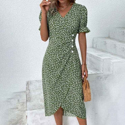 Slim-fit Women's Geometric Collage Bubble Sleeves Irregular hem Dress Sub Female Split Dress Summer Floral dress