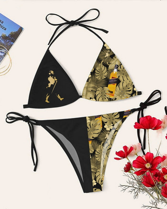 Bikini printed strap swimsuit set backless split swimsuit