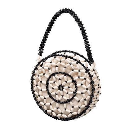 Bolso pequeño redondo de madera con cuentas, bolso tejido a mano, bolso de playa para mujer, bolso pequeño con cuentas 