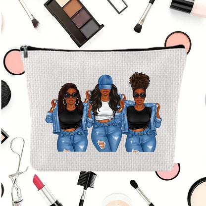 Linen printed cosmetic bag, cosmetic lipstick storage bag, small simple zipper evening clutch bag,