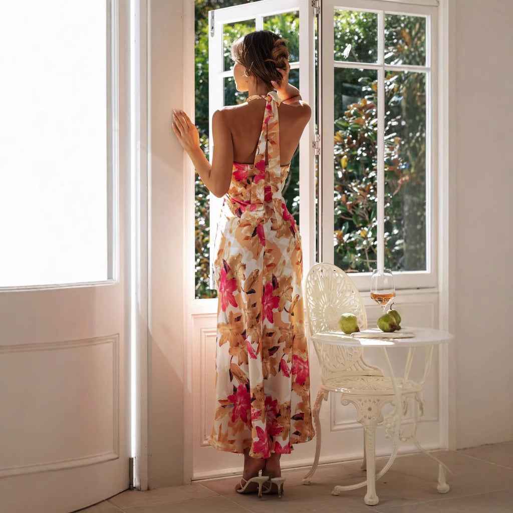 Summer Satin Dress Elegant Sleeveless Mock Neck Cocktail Party Maxi Dresses Sexy Halter Neck Floral Print Slim Casual dress