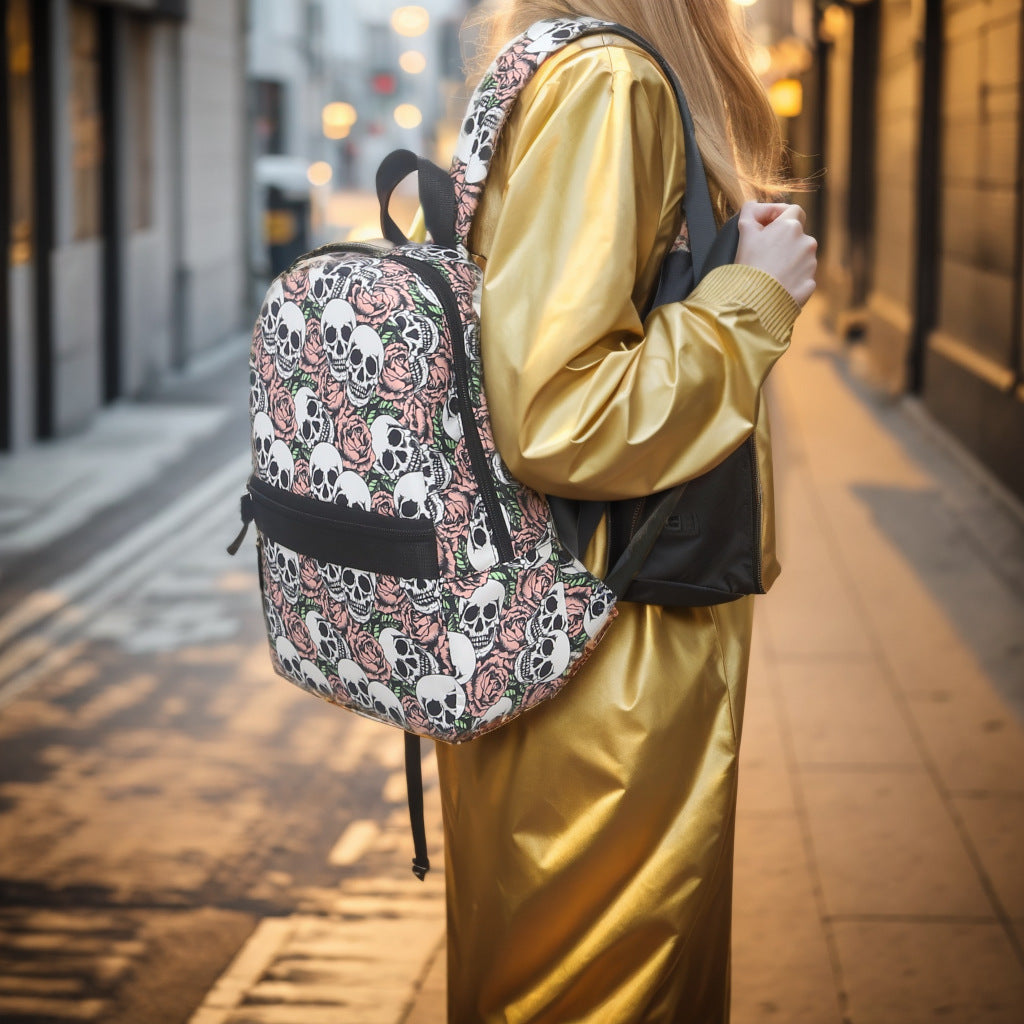 Mochila con estampado de calavera y rosa, impermeable, de nailon, ligera. 