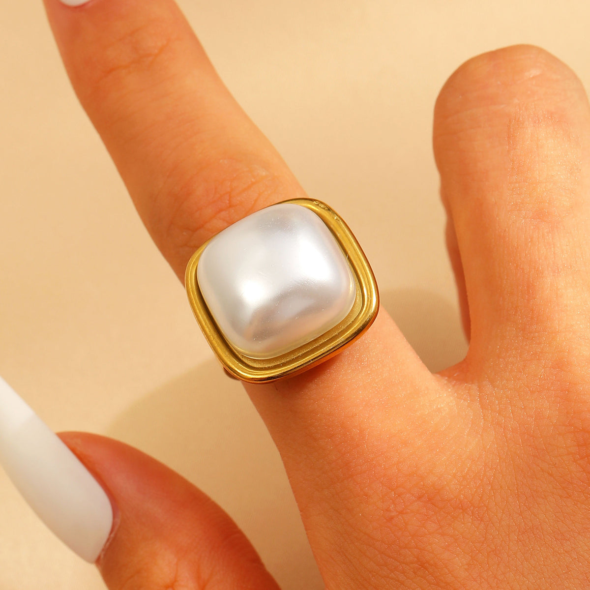Adjustable Open Stainless Steel Pearl Ring, 18K Gold Plated Oval Baroque Ring