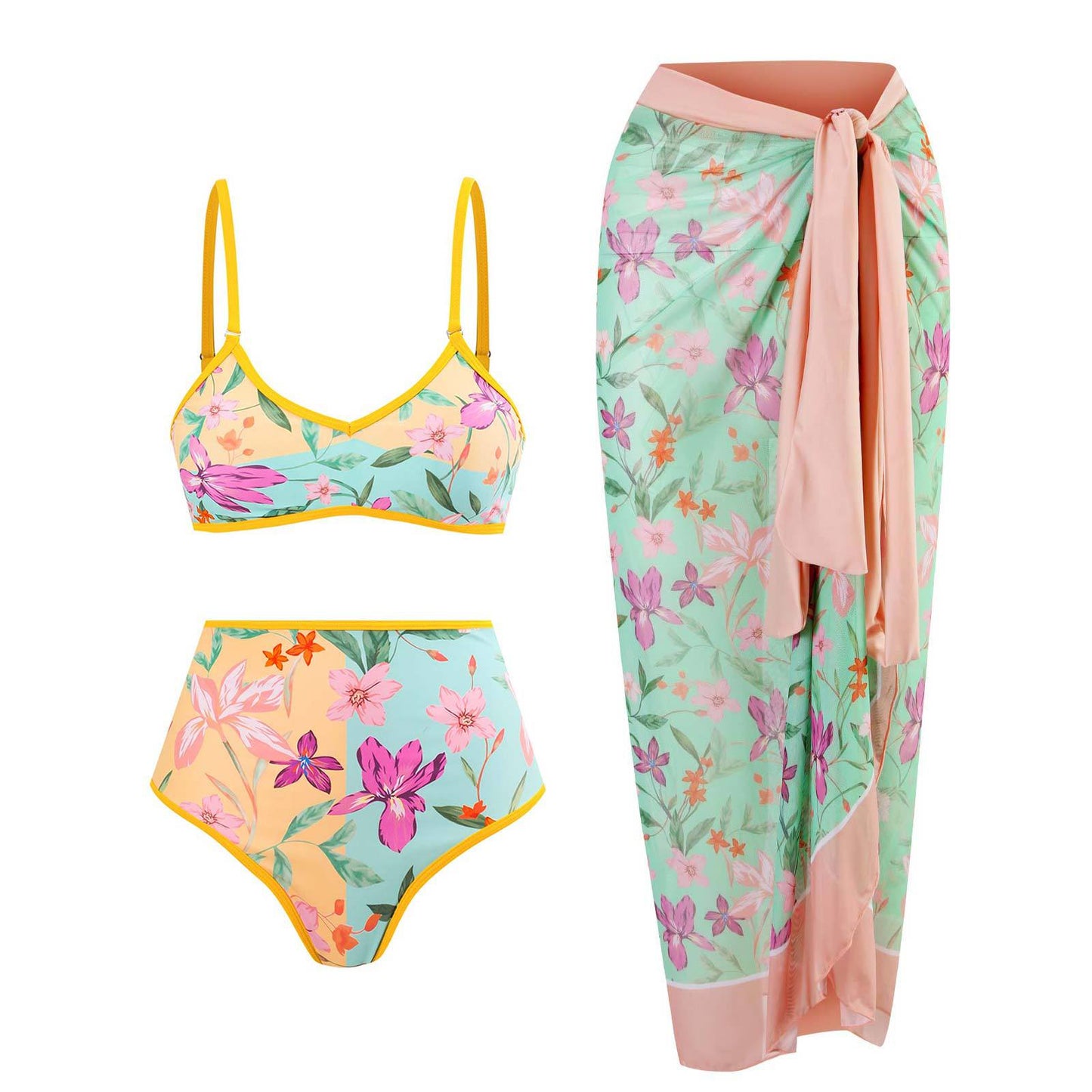 Vintage high waist split three-piece swimsuit women's bikini swimsuit chiffon beach skirt set