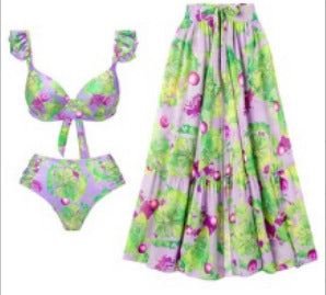 Vintage high waist split three-piece swimsuit women's bikini swimsuit chiffon beach skirt set