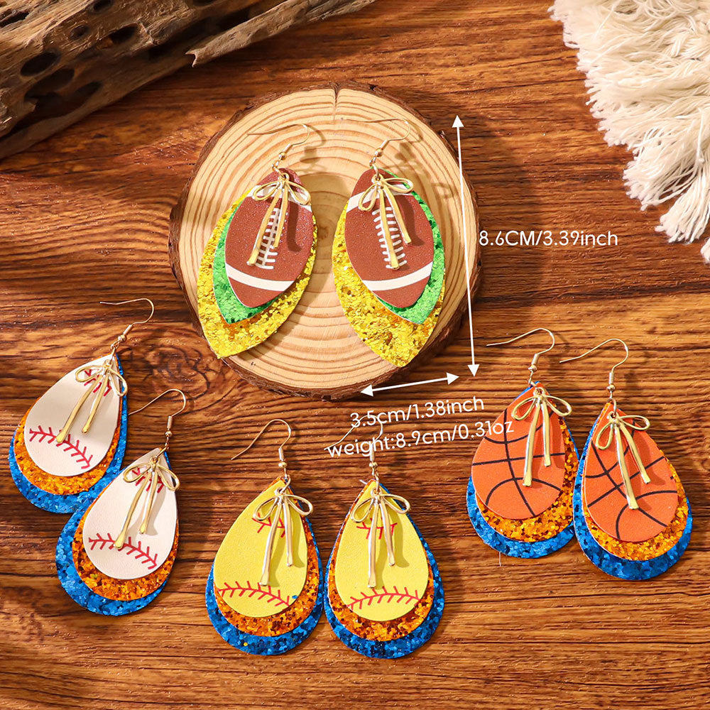 Sports Team Faux Leather Earrings - Volleyball, Basketball, Football, Baseball Geometric Drop Dangle Earrings