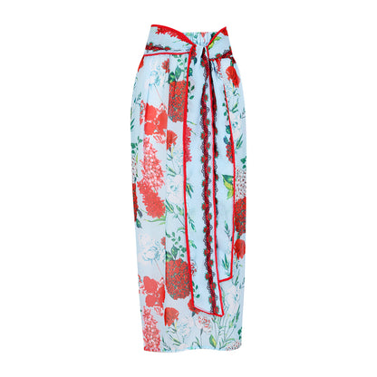 Vintage high waist split three-piece swimsuit women's bikini swimsuit chiffon beach skirt set
