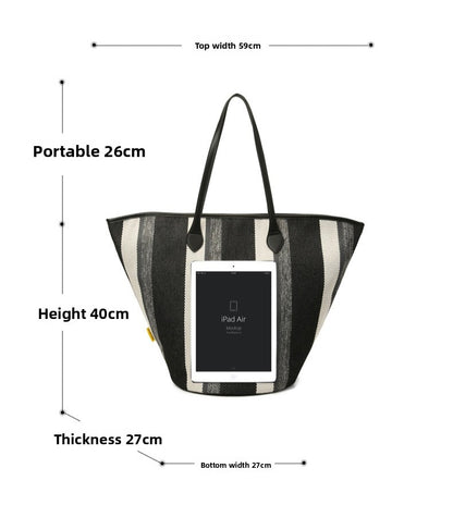 Trendy Canvas Shoulder Tote – Fashion Stripe Large Handbag, Casual Weekender Shopper