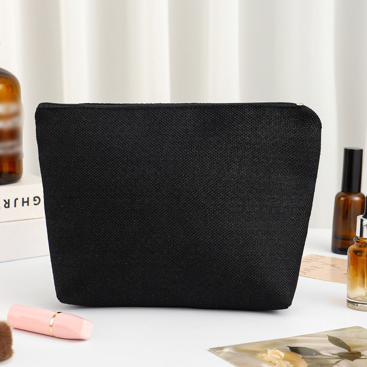 Linen printed cosmetic bag, cosmetic lipstick storage bag, small simple zipper evening clutch bag,