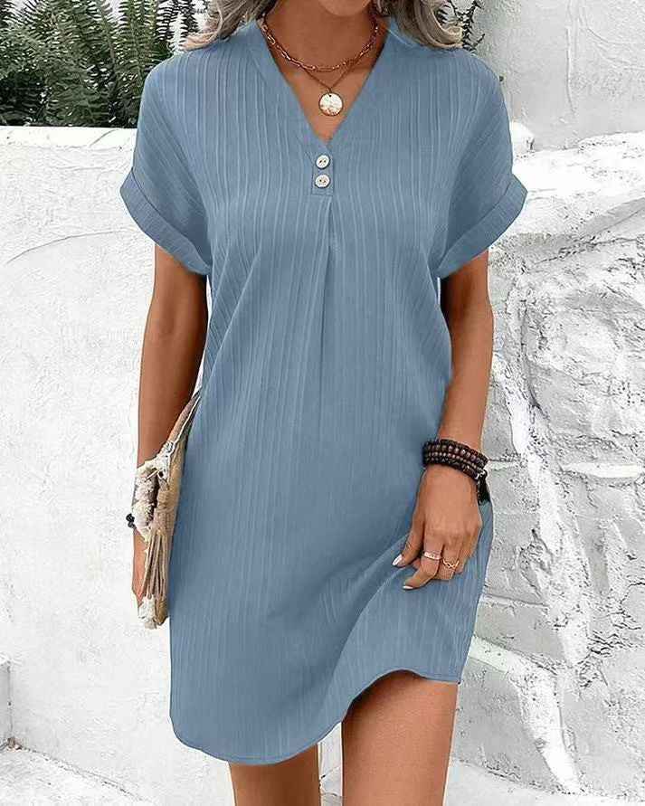 Solid Color Pullover Comfortable Casual Button Dress V-Neck Batwing Sleeve Dress