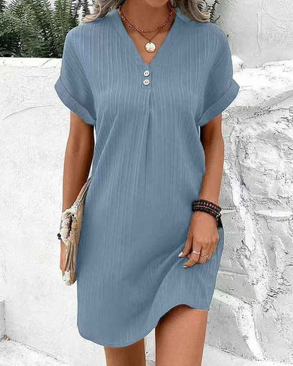 Solid Color Pullover Comfortable Casual Button Dress V-Neck Batwing Sleeve Dress