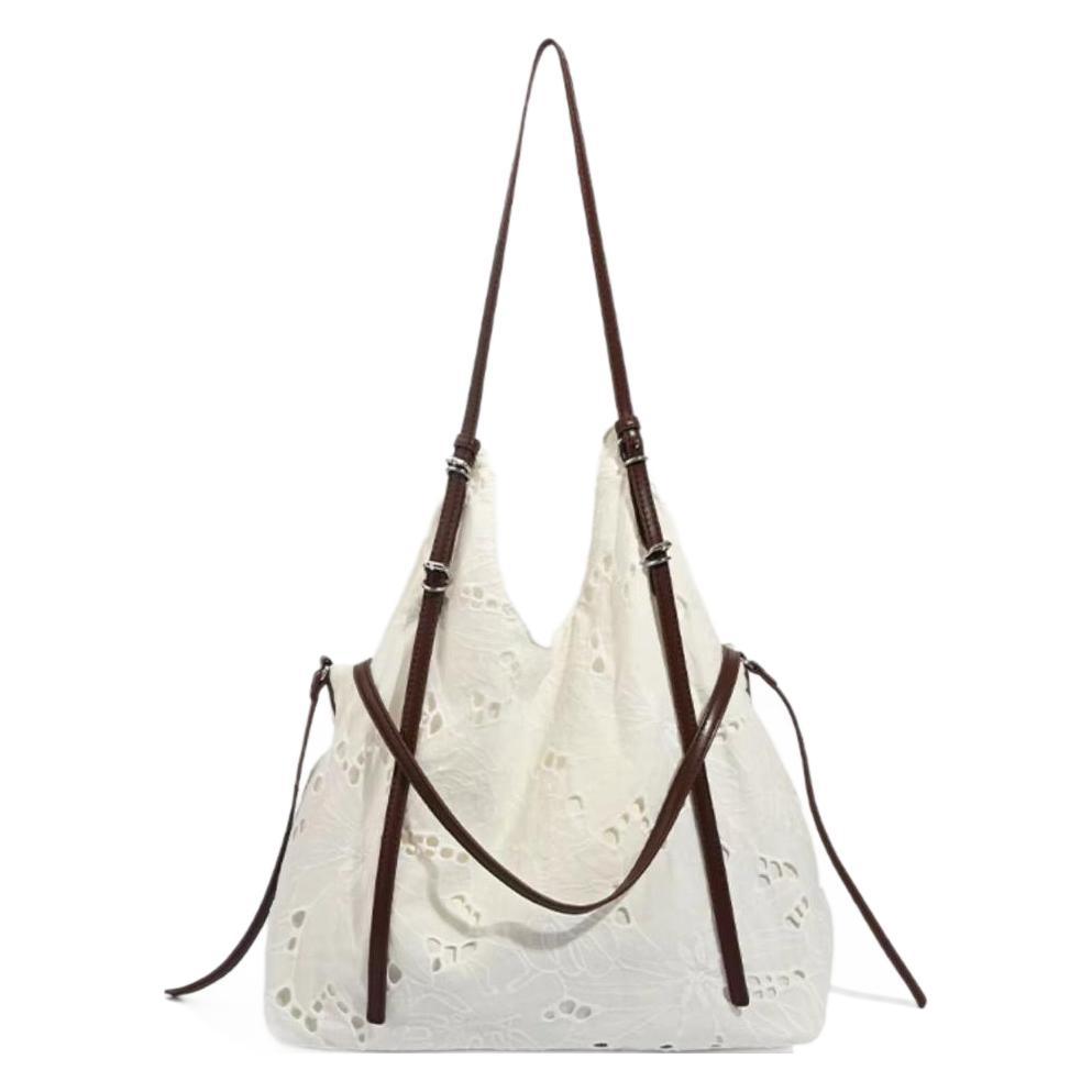 White large capacity hobo purse, embroidered shoulder bag, tote bag, commuter underarm bag