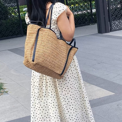 Exquisite Vintage Straw Bag & Large Capacity Women's Commuter Shoulder Bag: Woven Tote & Chic Seaside Vacation Shopping Bag Combo hobo