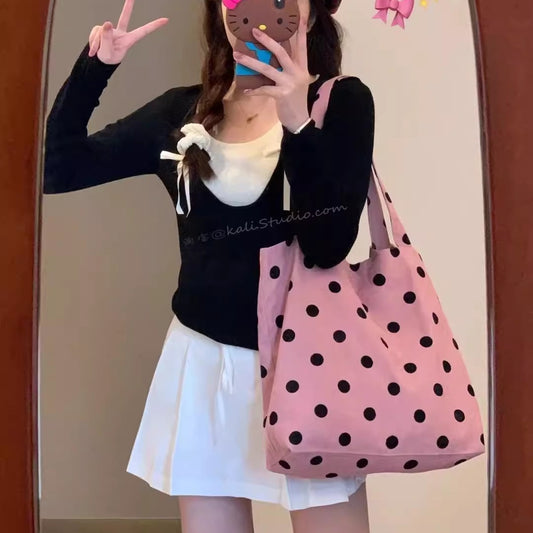 Bolso hobo primaveral con lunares, bolso de hombro versátil y de gran capacidad para estudiantes, bolso hobo de lona de diseño 