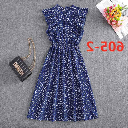 Polka Dot Chiffon Skirt Loose Versatile Temperament Medium Skirt Dot Print Butterfly Sleeve Ruffles dress