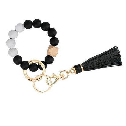 Llavero con borla de PU y cuentas de silicona para bolso, pulsera, llavero de coche, para mujeres y niñas 